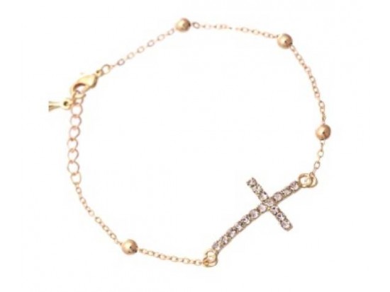 Crystal Cross & Gold Bead Link Bracelet