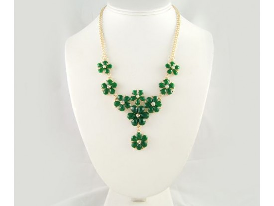 Emerald Faceted Stone Flower Tier Gold Plate Necklace Set