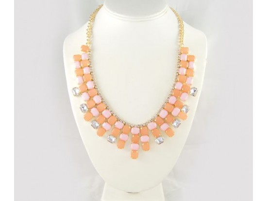 Light Pink & Coral Square Rectangle Crystal Graduated Necklace Set