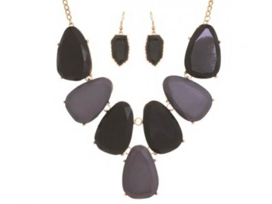 Gray Large Stone Faceted Stone Gold Plate Necklace Set