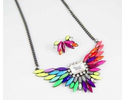 Multi Shade Bird Wing Crystal Bib Pendant Necklace Set