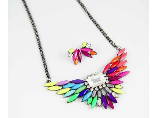 Multi Shade Bird Wing Crystal Bib Pendant Necklace Set Multi Shade Bird Wing Crystal Bib Pendant Necklace Set