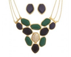 Navy & Green Hexagon Faceted Bib 3 Chain Necklace Set