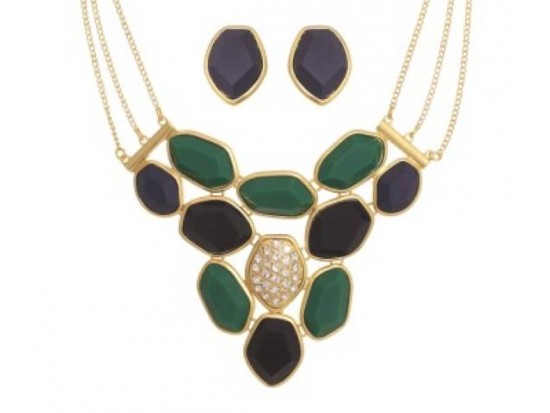 Navy & Green Hexagon Faceted Bib 3 Chain Necklace Set