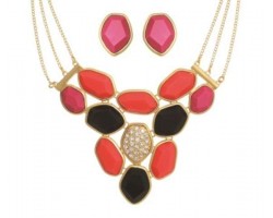 Red & Black Hexagon Faceted Bib 3 Chain Necklace Set