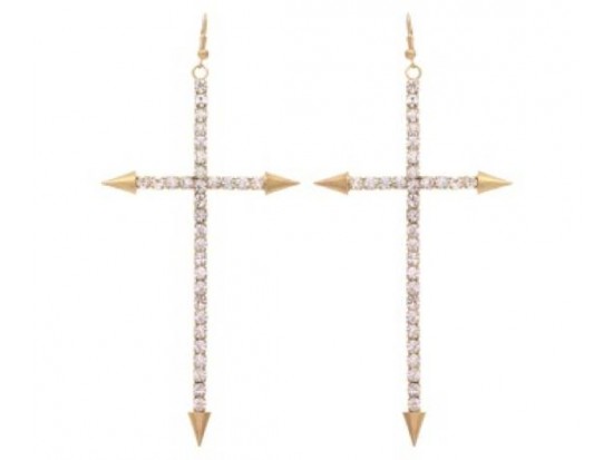 4.5" Gold Plate Crystal Cross Spike Hook Earrings