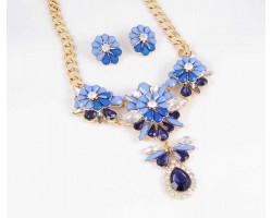 Blue Crystal Flower Bib Pendant Gold Plate Chain Necklace