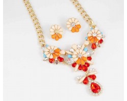 Orange Crystal Flower Bib Pendant Gold Plate Chain Necklace