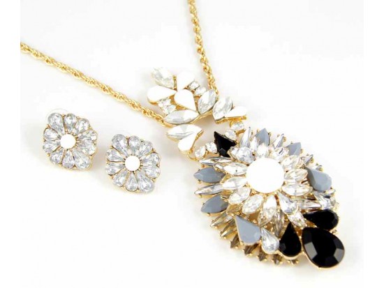 Black & White Marquise Burst Pendant Gold Plate Chain Necklace Set