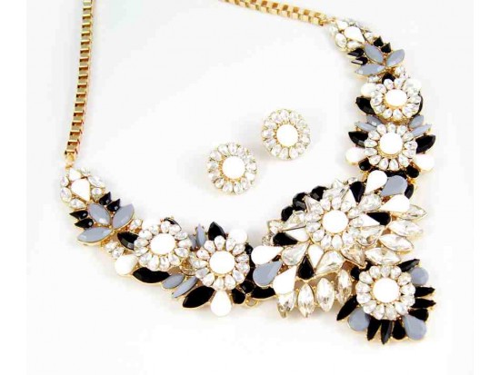Large Black & White Crystal Marquise Burst Choker Necklace Set
