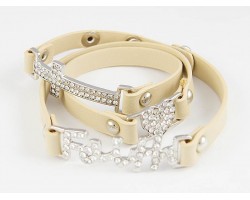Beige Leather Wrap Silver Faith Heart Cross Crystal Bracelet