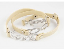Beige Leather Wrap Silver Love Infinity Cross Bracelet