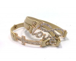 Beige Leather Wrap Gold Love Infinity Cross Bracelet