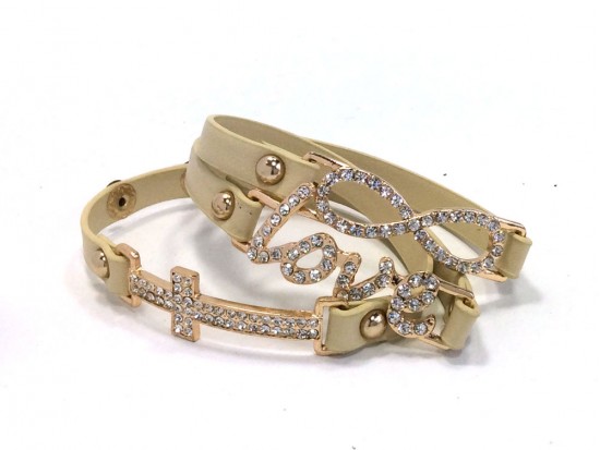 Beige Leather Wrap Gold Love Infinity Cross Bracelet