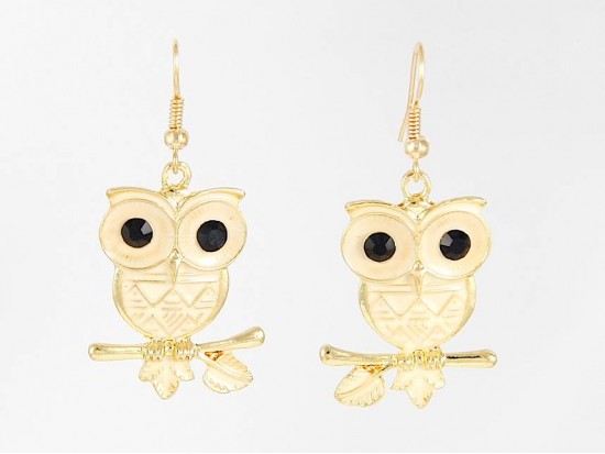 Beige Enamel G/P Owl Hook Earrings