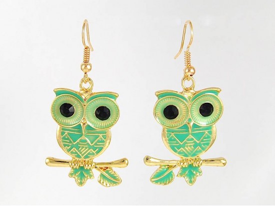 Green Enamel G/P Owl Hook Earrings