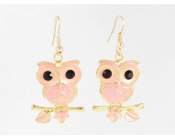 Pink Enamel G/P Owl Hook Earrings