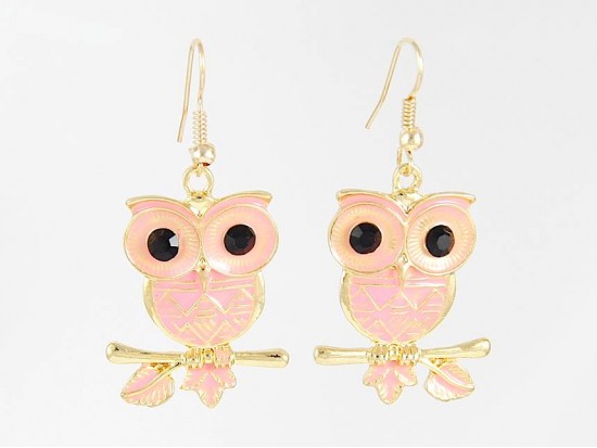 Pink Enamel G/P Owl Hook Earrings Pink Enamel G/P Owl Hook Earrings