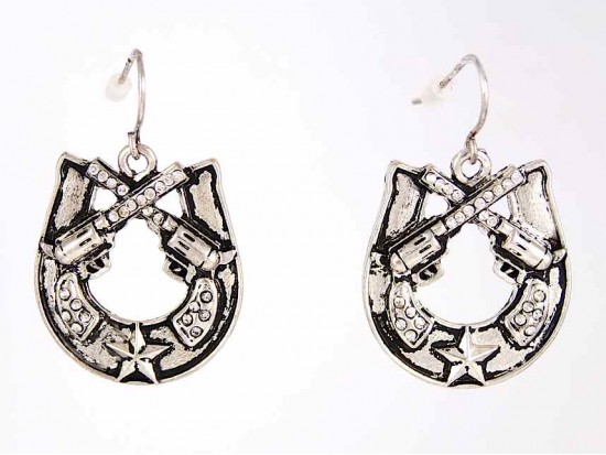 Antique Silver Pistol Horseshoe Crystal Earrings