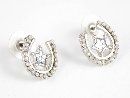 Silver Crystal Horseshoe with Stars Post Earrings