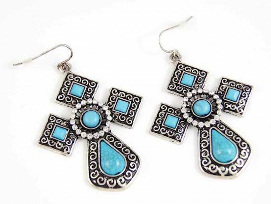 Antique Silver Turquoise Diamond Cross Hook Earrings