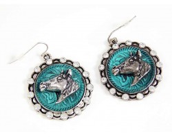 Antique Silver Round Patina Crystal Horse Head Earrings