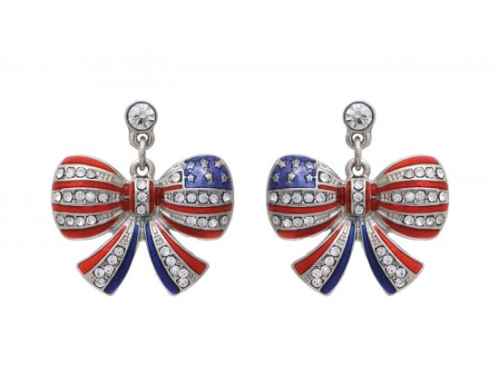 Red White Blue US Flag Bow Crystal Post Earrings