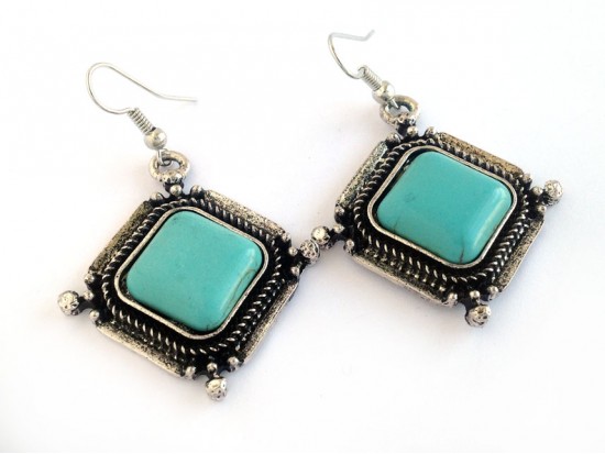 Turquoise Dyed Stone Diamond Wire Bezel Earrings
