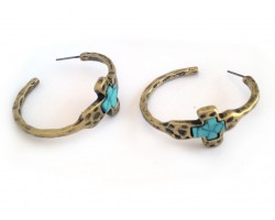 Gold Hammered Distressed Turquoise Cross Hoop Earrings
