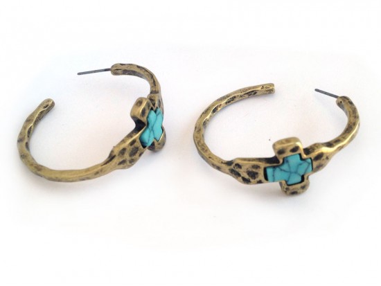 Gold Hammered Distressed Turquoise Cross Hoop Earrings Gold Hammered Distressed Turquoise Cross Hoop Earrings