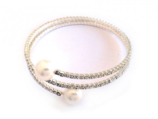 Silver Crystal Rope Pearl Ends Memory Wire Bracelet
