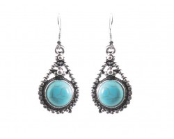 Turquoise Round Stone Bead Teardrop Hook Earrings