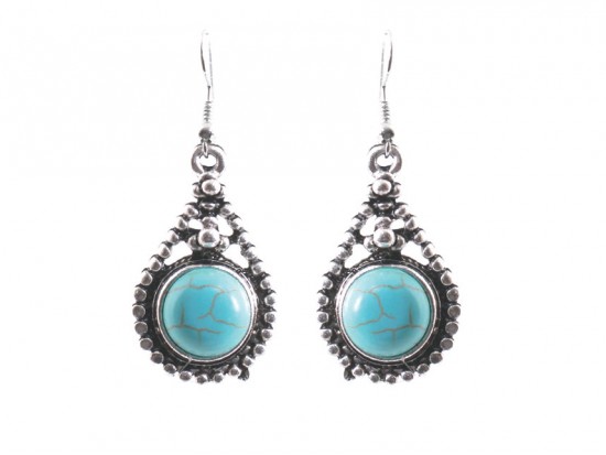 Turquoise Round Stone Bead Teardrop Hook Earrings