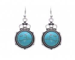 Turquoise Round Stone Lacy Top Hook Earrings