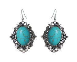 Turquoise Oval Stone Hematite Filigree Hook Earrings