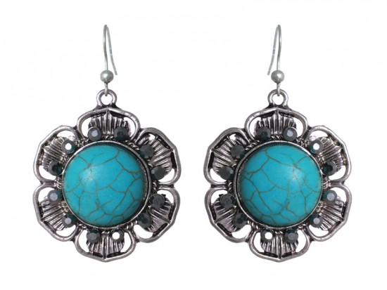 Turquoise Round Stone Daisey Flower Bezel Earrings
