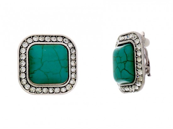 Turquoise Square Cryst Bezel Clip Earrings Turquoise Square Cryst Bezel Clip Earrings