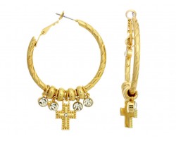 Gold Cross Crystal Charm Post Clip Hoop Earrings