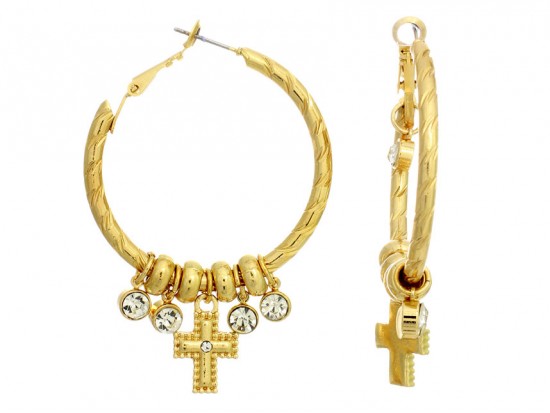 Gold Cross Crystal Charm Post Clip Hoop Earrings Gold Cross Crystal Charm Post Clip Hoop Earrings