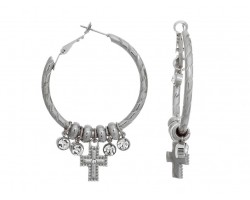 Silver Cross Crystal Charm Post Clip Hoop Earrings