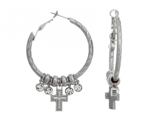 Silver Cross Crystal Charm Post Clip Hoop Earrings Silver Cross Crystal Charm Post Clip Hoop Earrings