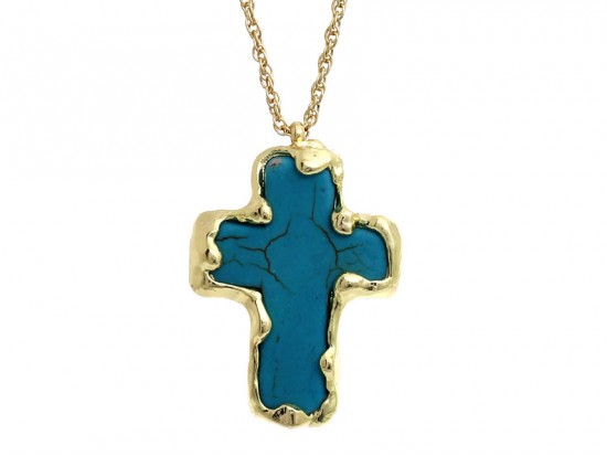 Turquoise Dyed Stone Cross Gold Edged Necklace