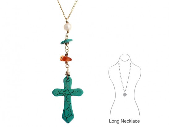 Gold Chain Turquoise Stone Cross Pearl Necklace Set