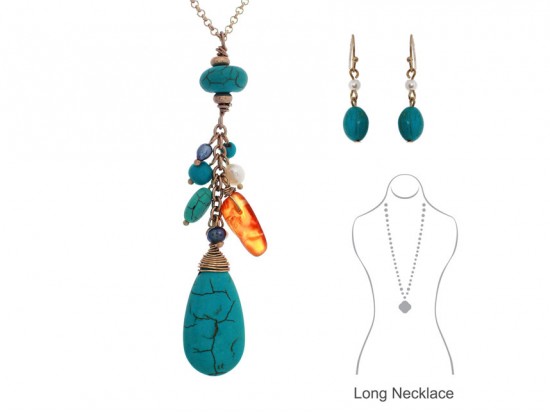Turquoise Dyed Stone T-Drop Charms Gold Necklace Set