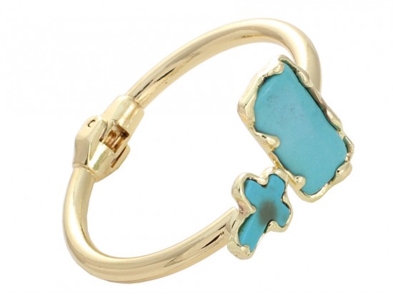 Turquoise Dyed Stone Rectangle Cross Gold Hinged Bangle