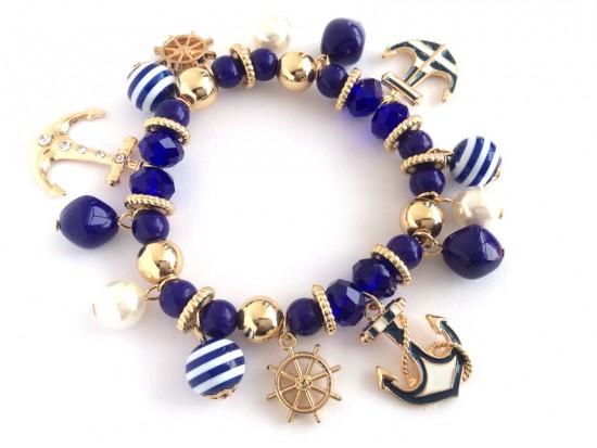 Navy White Striped Sea Theme Charm Bracelet