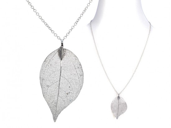 Silver Acid Etched Real Leaf Chain Necklace