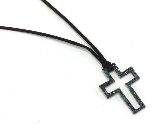 Patina Hammered Open Cut Cross Leather Necklace Patina Hammered Open Cut Cross Leather Necklace