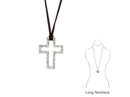 Silver Hammered Open Cut Cross Leather Necklace
