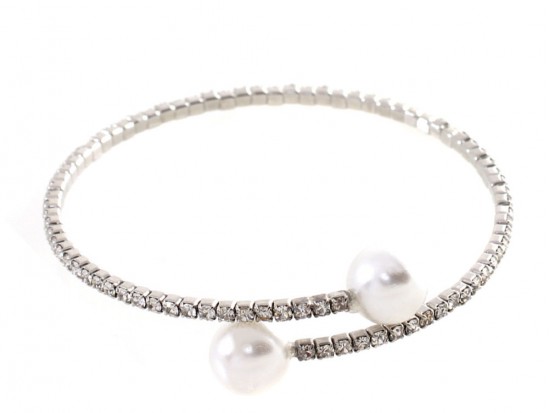 Silver Crystal Rope Pearl Ends Memory Wire Bracelet Silver Crystal Rope Pearl Ends Memory Wire Bracelet
